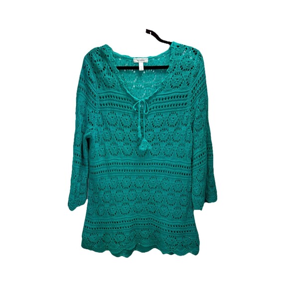 Dressbarn 1X Crochet Knit Teal Top 100%‎ Cotton 3/4 Sleeve Pullover Lightweight - Picture 3 of 9